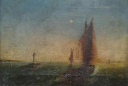 Unattributed (19th century)  Oil on canvas  Fishing boat in full sail passing a lighthouse, 24.5cm x