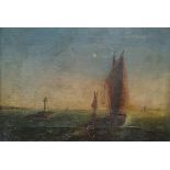 Unattributed (19th century)  Oil on canvas  Fishing boat in full sail passing a lighthouse, 24.5cm x