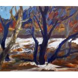 Unattributed Gouache  Winter trees beside river in flood, 35cm x 40cm