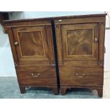Pair of 19th century mahogany and satinwood banded single door pot cupboards, the rectangular banded
