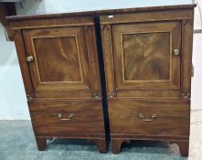 Pair of 19th century mahogany and satinwood banded single door pot cupboards, the rectangular banded