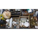 Assorted brassware including trivets, a Buddha, a brass duck, other collectables, fire irons, Denby,