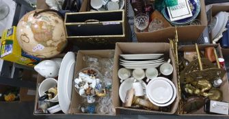 Assorted brassware including trivets, a Buddha, a brass duck, other collectables, fire irons, Denby,