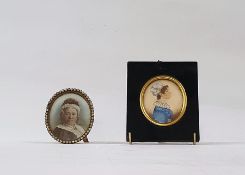 Regency watercolour miniature on card Portrait of Anne Heslop, wearing a blue dress, label to