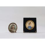 Regency watercolour miniature on card Portrait of Anne Heslop, wearing a blue dress, label to