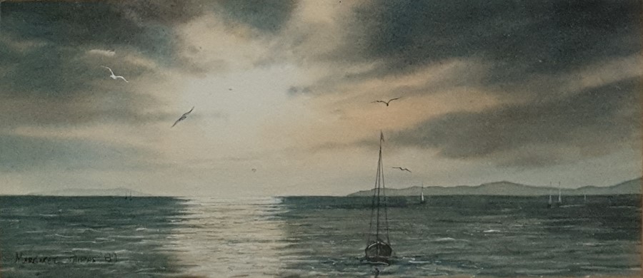 Small collection of mainly watercolours to include Margaret Phipps watercolour 'Moonlit Sea', signed