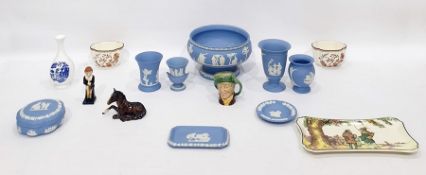 Wedgwood blue jasperware, Royal Doulton figure of David Copperfied etc (one shelf)