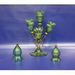 Art Nouveau style green glass and gilt metal flower vase in the form of a spray of four flowerheads,