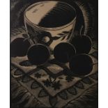 Charles W Swift (American, 1893-1947)(?) Linoprint Still life, plums and a bowl, circa 1930, 20cm