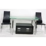 Modern glass-topped extending dining table on chrome supports, four chairs and a storage unit (6)