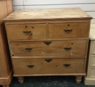 Pine chest of two short over two long drawers, on turned feet, 80.5cm x 82.5cm
