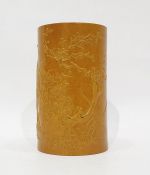 19th century Chinese porcelain bamboo-pattern brush pot, cylindrical and embossed with flowering