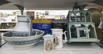 Painted wood ornamental birdcage/plant holder, pair of Victorian graduated jugs, assorted plates,