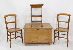 Pine trunk, two cane seated chairs and a side table with single drawer (4)