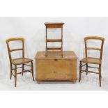 Pine trunk, two cane seated chairs and a side table with single drawer (4)