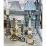 Various table lamps including a stepped, faceted glass table lamp, faux alabaster, painted wood etc.