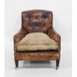 Howard & Sons style, brown hide square-back armchair, button upholstered, on mahogany tapering stump