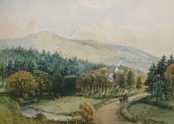 Alfred Vickers Watercolour drawing Moorland landscape with figure, horse and cart in foreground,