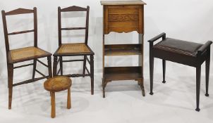 Piano stool, two cane seated chairs, the fruitwood circular stool with carved top, bone plaque to