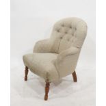 20th century modern armchair in grey ground button back upholstery, turned front legs