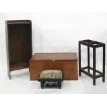 Narrow oak open bookcase, chest, footstool and an umbrella stand (4)