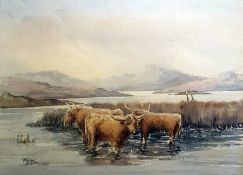 Peter Whitworth Watercolour drawing Highland cattle watering, 26.5cm x 36.5cm Unattributed