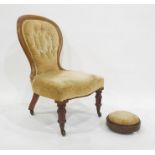 Spoon back salon chair, turned supports, brass china castors and footstool