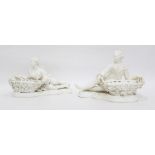 Pair Dresden porcelain sweetmeat holders, in the form of reclining lady and gentleman in 18th