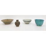 Early Chinese small bowl with blue scroll brown bands on a grey ground, 13cm dia., small turquoise