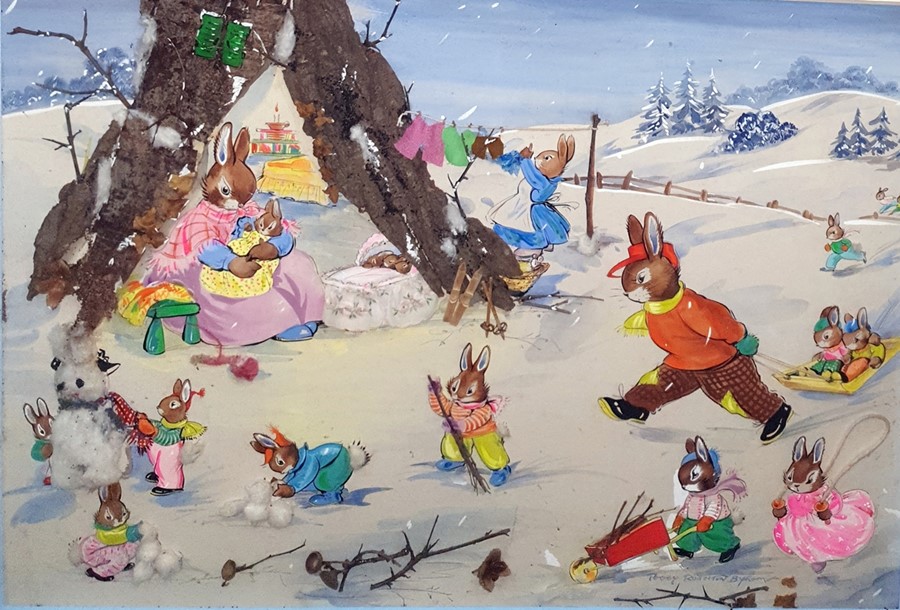 Peggy Rushton Byrom  Mixed media, watercolour and collage Nursery scene of rabbits in winter