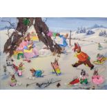 Peggy Rushton Byrom  Mixed media, watercolour and collage Nursery scene of rabbits in winter
