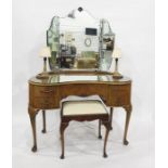 20th century walnut kidney shaped dressing table with three part mirror and a stool (2)