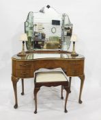 20th century walnut kidney shaped dressing table with three part mirror and a stool (2)