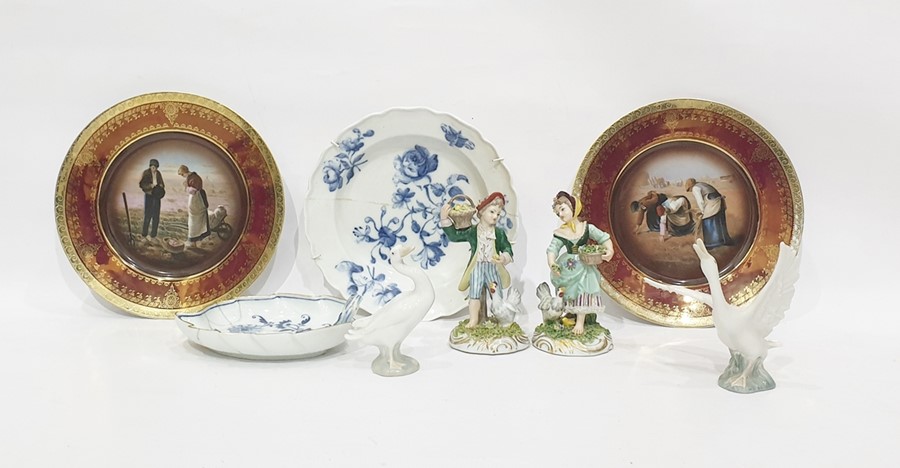 Two Lladro porcelain model birds, two underglaze blue decorated Meissen dishes (damaged), pair