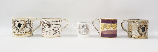 Five Wedgwood commemorative mugs to include 1972 QEII, 1977 Jubilee example, 1953 Second