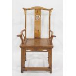 Eastern hardwood Chinese style chair with shaped top rail, pierced back splats, hard seat and