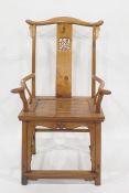 Eastern hardwood Chinese style chair with shaped top rail, pierced back splats, hard seat and