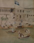 Chinese school Watercolour drawing  Waterside buildings with figures and vessels, 99cm x 74cm