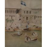Chinese school Watercolour drawing  Waterside buildings with figures and vessels, 99cm x 74cm