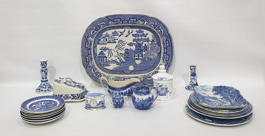 Large quantity of decorative blue and white ware to include a Spode clock, various miniatures,