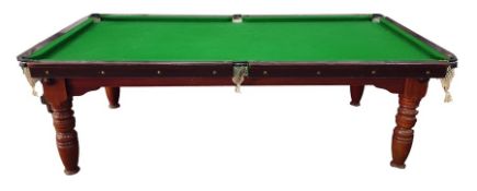 Half size snooker table, with green baize the frame supported by turned legs, 225 cms x 117.5w.