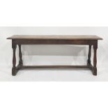 Possibly late 19th century oak bench of rectangular form on turned supports to block feet and