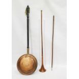 Brass post horn, warming pan and gun barrel cleaning rod