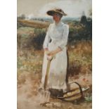John R Reid (1851-1925) Watercolour drawing Woman working in a field holding a fork, a trug of