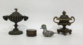 Two Regency bronze Pastille burners, one with squirrel finial with moth handles, the other with