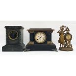 Three assorted mantel clocks to include two black slate examples and a French-style clock with