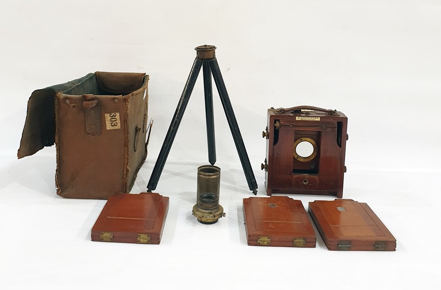 Vintage plate camera, labelled 1907 BB Instantograph patent within original box with tripod and