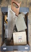 Selection of hand tools to include Spear & Jackson box saw, Record No.3 plane in box, William
