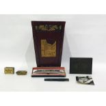 Folding embossed bin, horn snuff box, Hohner harmonica, 1922 10,000 Mark note, treen block carved