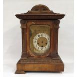Walnut-cased mantel clock with fluted pilasters, egg and dart moulding, Arabic numerals to the